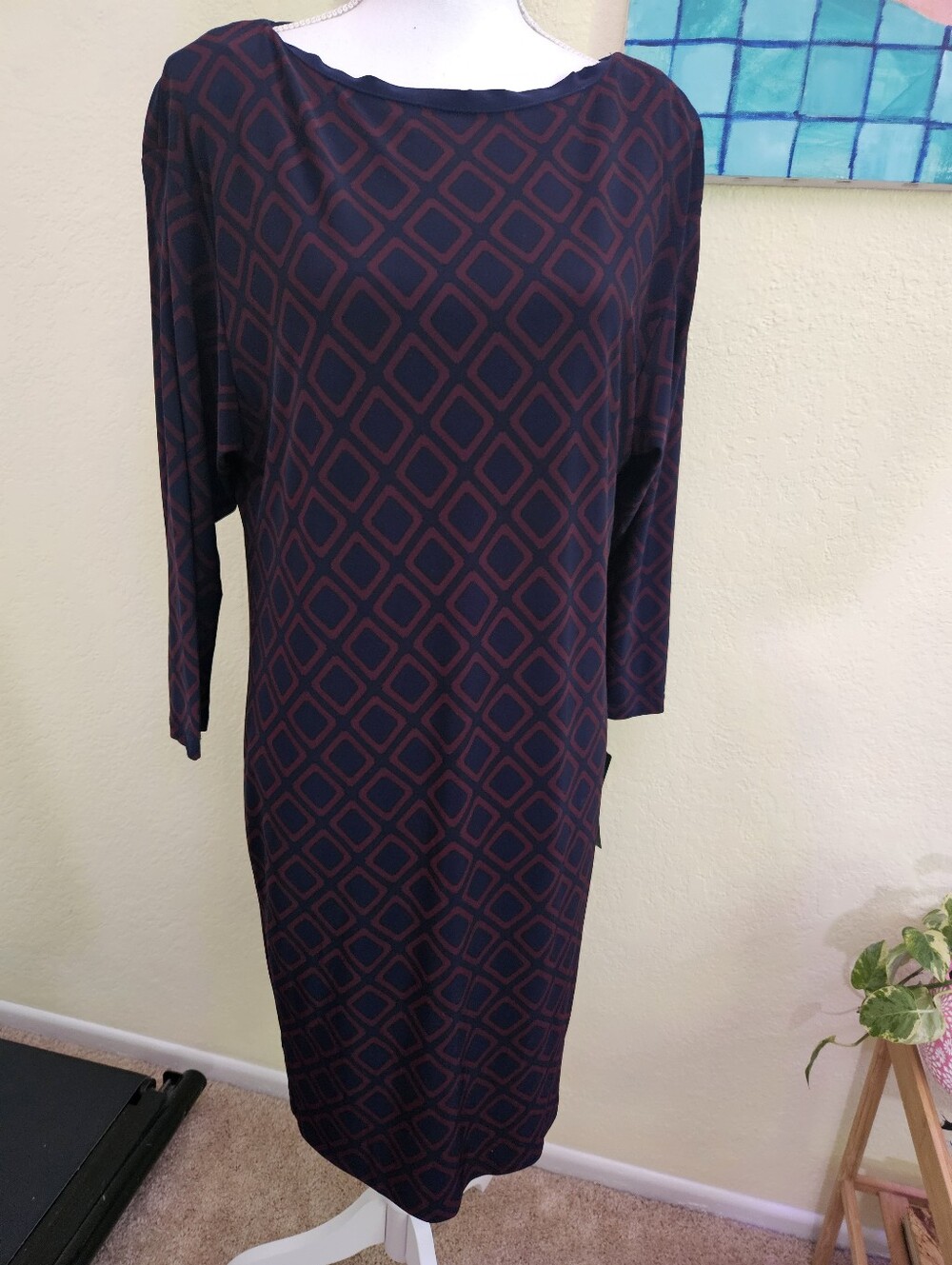 Ralph Lauren Navy and Burgundy Geometric Shift Dress Sz 8